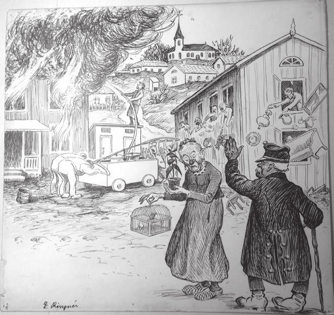 Enoch Rignér (1870 1967) tecknade för tidskriften Puck. Här en typisk bild ur det tidiga 1900-talets folkhumor, med kommentaren Polisen: Stå inte där och hindra eldsvådan käring! 1906.