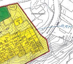 4 Förstoring med domstolens markeringar som visar egenskapsgränsen för denna höjd med längden 55 meter och bredden 10,5 meter samt utformning med markering för högsta byggnadshöjd över nollplanet