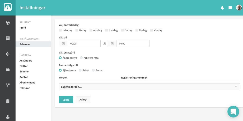 Inställningar Profil Redigera information på ditt konto. Scheman Skapa scheman för att automatiskt kategorisera resor för ditt fordon genom att sätta specifika tider och dagar.
