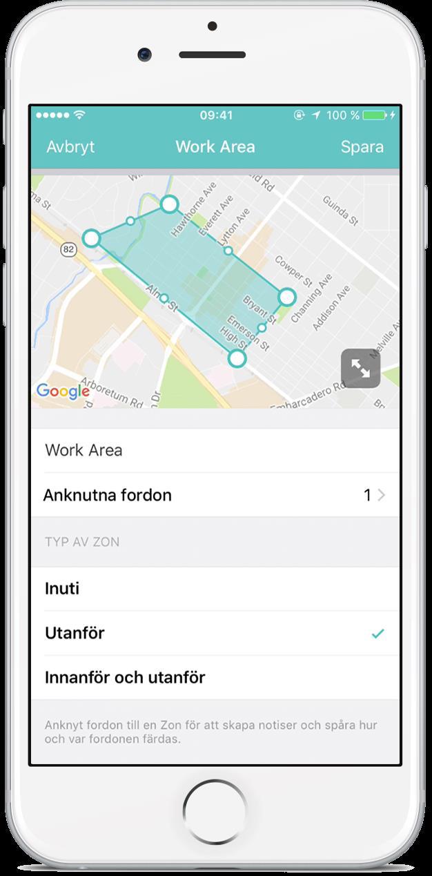 Zoner Säkerställ att fordon inte används utanför geografiska områden (zoner). Skapa en eller flera zoner och bli notifierad när en eller flera bilar åker ut eller in i zonen.