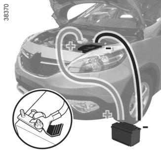 BATTERI: starthjälp (2/2) Start med hjälpstartbatteri Om du för att kunna starta behöver använda batteriet från en annan bil, skaffa elektriska kablar som är anpassade (mycket viktigt) hos din