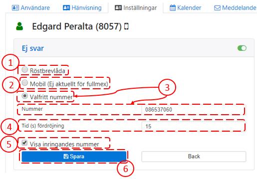 Mobilnummer som angetts av admin. 3. Valfritt nummer kan vara tex. hemtelefon eller annat mobilnummer. 4. Visa inringandes nummer gör att ni ser vem som faktiskt ringer.