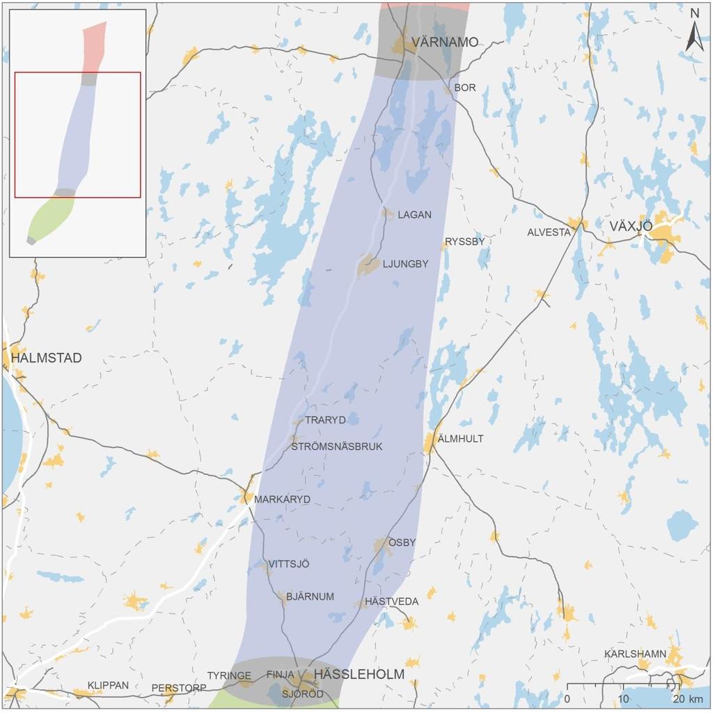 7.6. Sträckan Värnamo Hässleholm Utredningsområdet mellan Värnamo och Hässleholm är 120 km långt och ca 30km brett. Området ligger inom Jönköpings-, Kronobergs- och Skåne län.