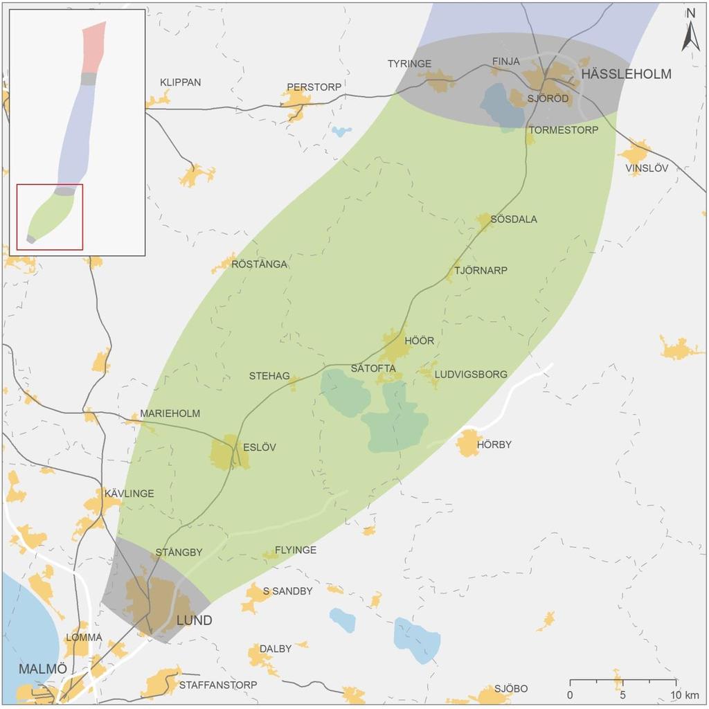 7.7. Sträckan Hässleholm Lund Utredningsområdet mellan Hässleholm- Lund är 60 km långt, 30 km brett och sträcker sig i en nordöst sydvästlig riktning.