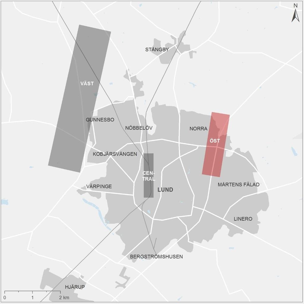 8.8.6. Potentiella effekter Lund öst Figur 95. Principiellt stationsläge Lund öst markerat i rött. Tillgänglighet Beroende på var stationen förläggs påverkas tillgängligheten på olika sätt.