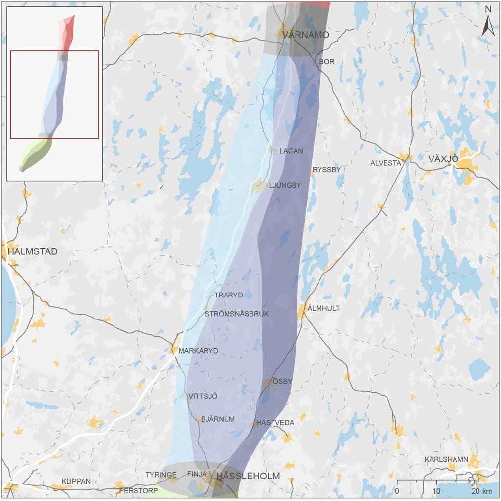 8.10. Värnamo-Hässleholm Delområden mellan Värnamo och Hässleholm ligger alla inom Jönköpings-, Kronobergs- och Skåne län och är ca 120 km långa.
