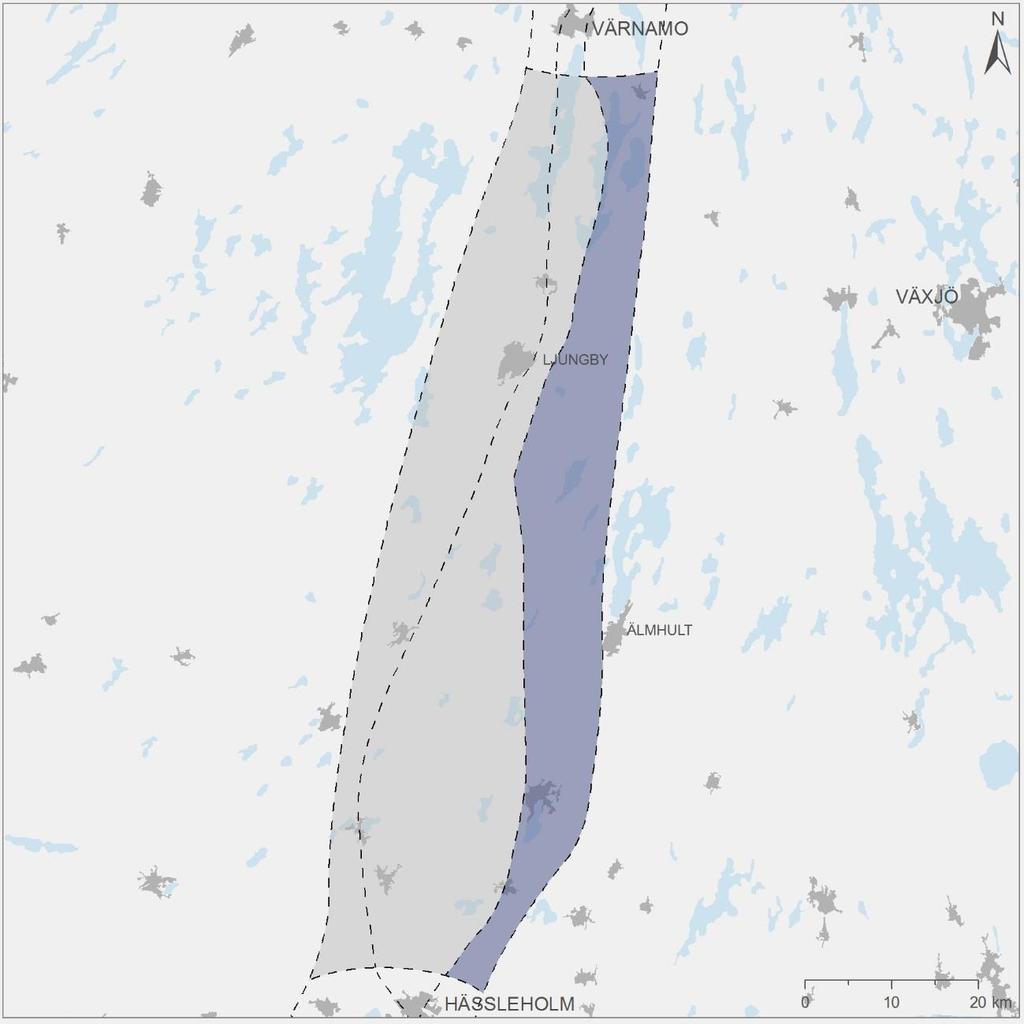 8.10.6. Potentiella effekter Värnamo-Hässleholm delområde öst Figur 109. Sträckan Värnamo-Hässleholm delområde öst.