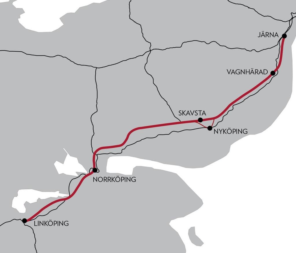 Järna-Linköping Ostlänken Via Nyköping går idag en del av stråket Södra stambanan som idag är enkelspårig och begränsar trafikeringsmöjligheterna förbi Nyköping medan Södra stambanans sträckning har