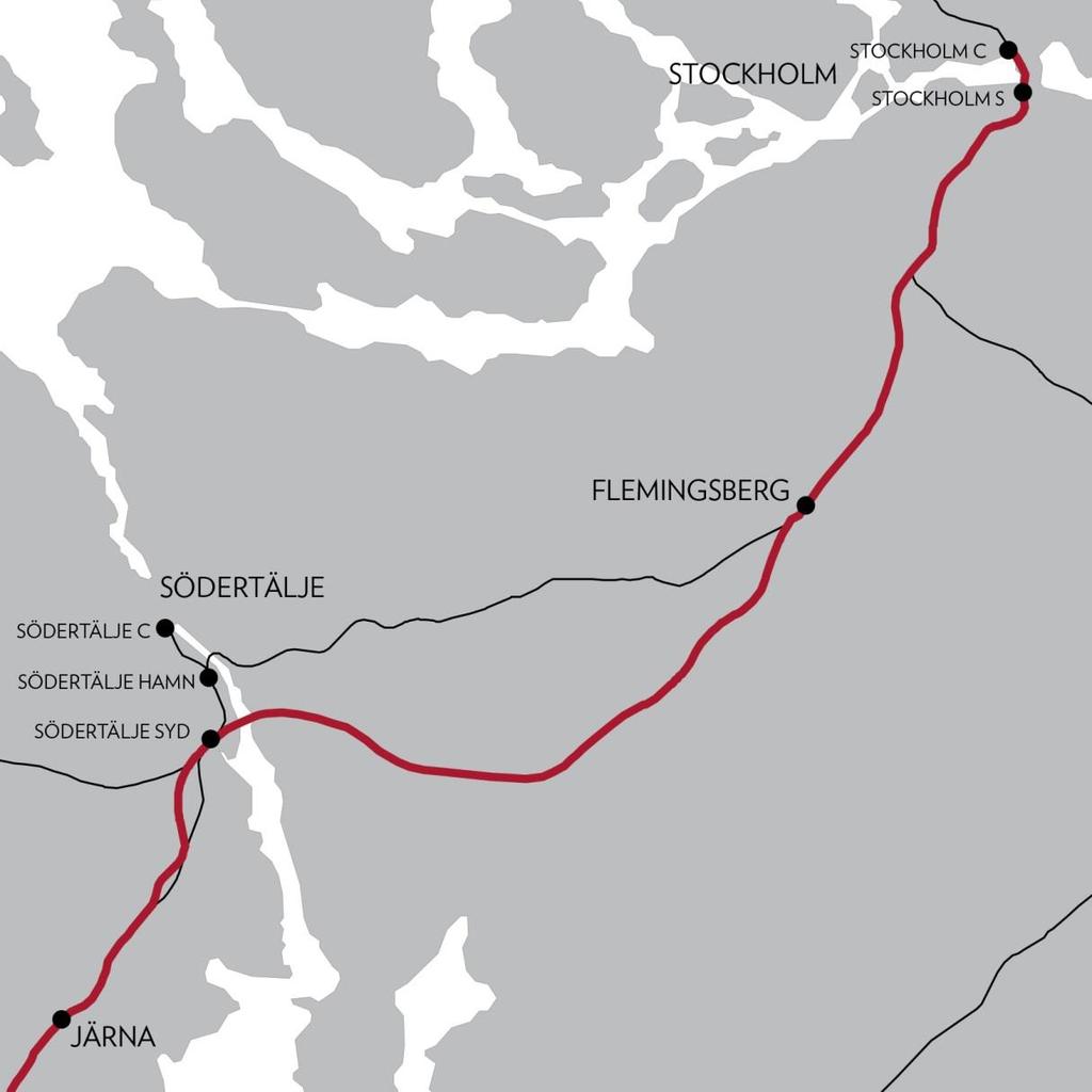 Stockholm-Järna Sträckan Stockholm-Järna är gemensam för all fjärr- och regionaltågstrafik som ska till och från Stockholm från Södra Stambanan, Västra stambanan, Svealandsbanan och Nyköpingsbanan.