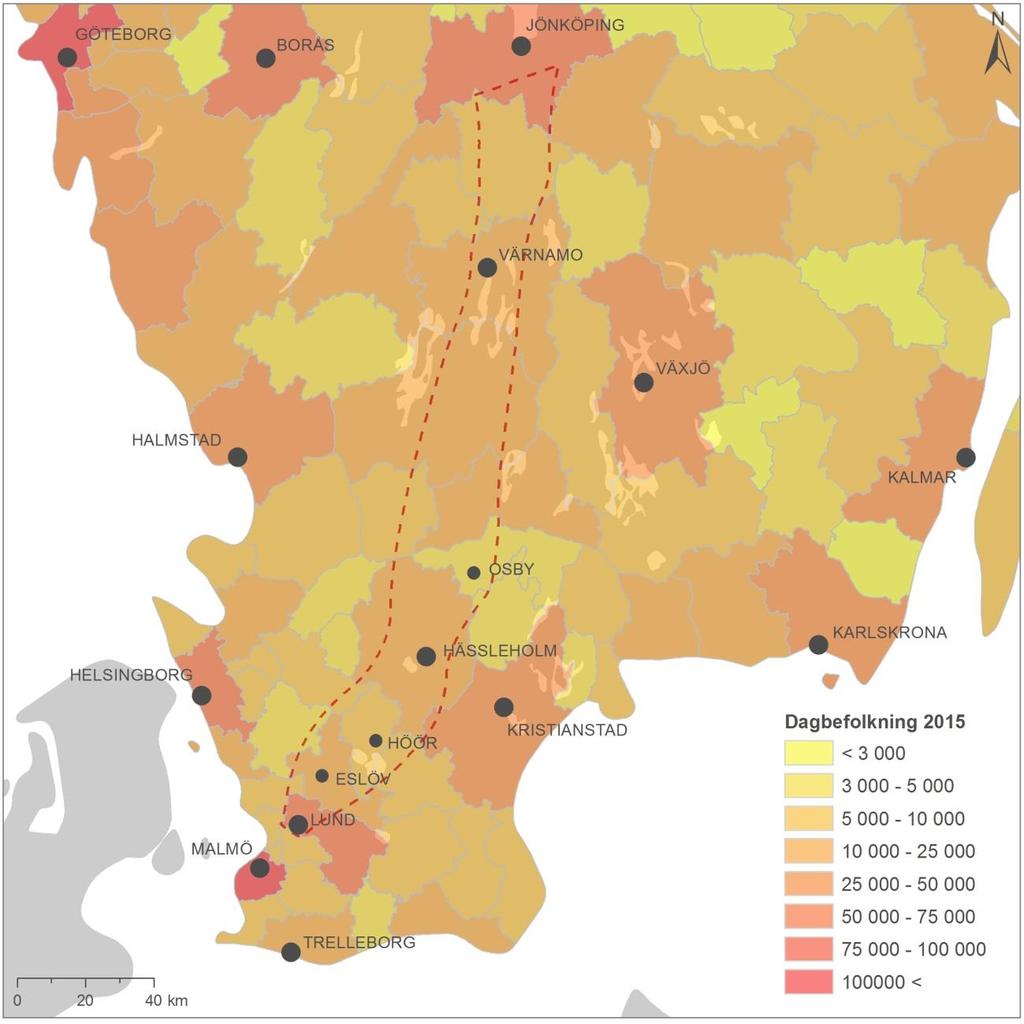 7.1.4. Sysselsättning Antalet arbetsplatser är flest i utredningsområdets nordligaste kommun Jönköping och sydligaste kommun Lund.