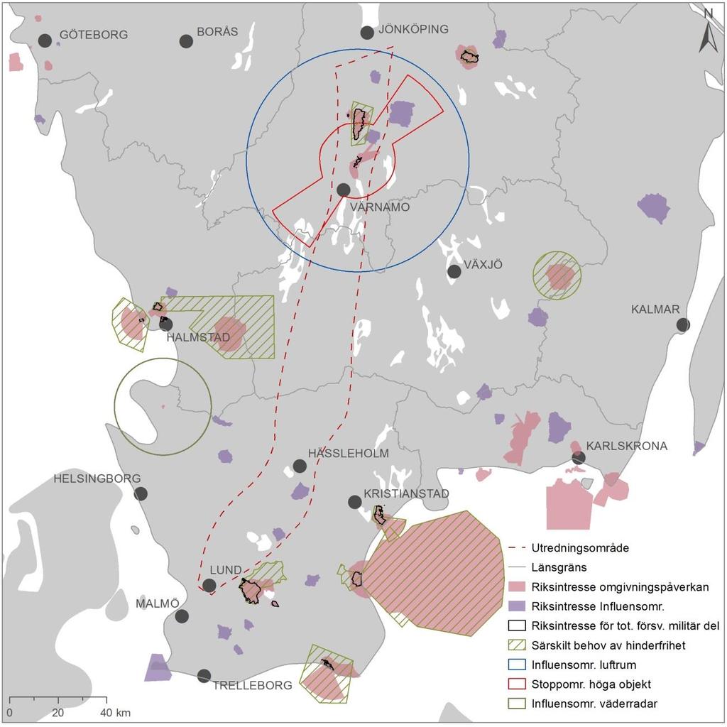 Figur 45. Riksintressen och influensområden för totalförsvaret.