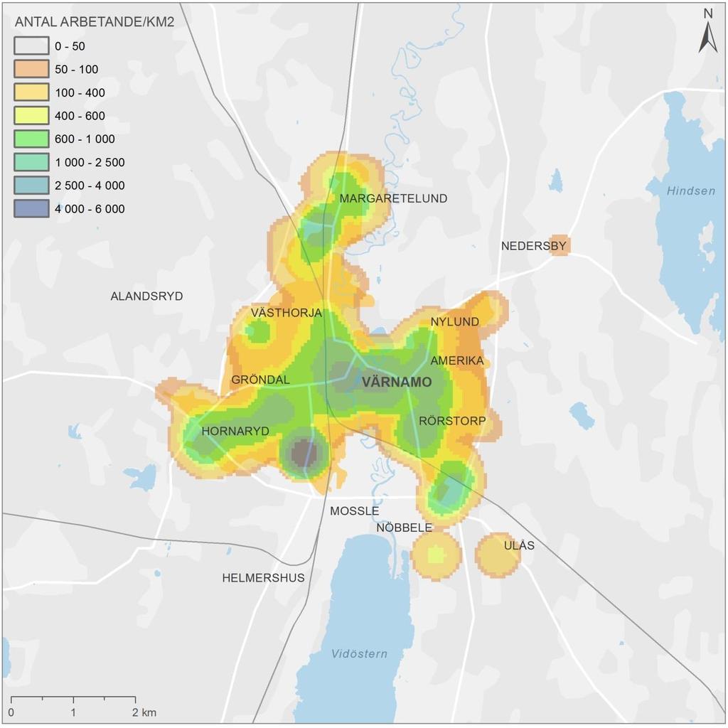 7.2.2. Sysselsättning År 2014 hade Värnamo kommun en förvärvsarbetande dagbefolkning på 17 338 personer. Figur 48. Antal arbetande i Värnamo tätort.