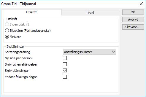 Utskrifter Çrona Tid Du måste därefter välja vad du vill se på din lista: Den anställdes schema och/eller Den anställdes stämplingar eller Endast felaktiga dagar.