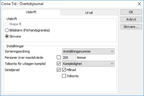 Utskrifter Çrona Tid Övertidsjournal detaljerad per månad med övertid och kompledighet som ska minska