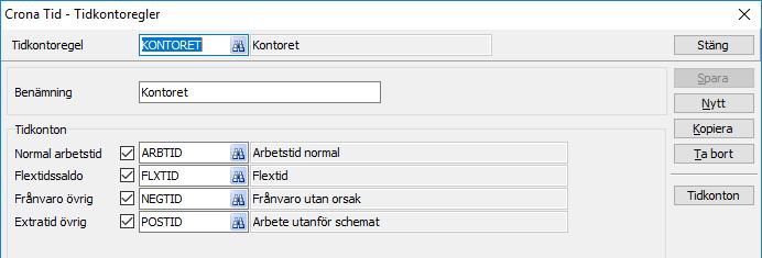Çrona Tid Schema Tidkontoregel med flextidshantering. Tidkonton För att koppla ett tidkonto till regeln markerar du med en bock och anger det tidkonto som du vill koppla till den aktuella händelsen.
