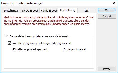 Çrona Tid Inställningar Avsändare Här ska namn och e-postadress anges för den som ska stå som avsändare av all utgående e-post. A Uppdatering Denna funktion används inte av Crona Tid 100.