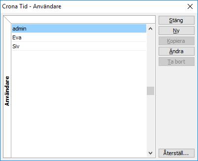 Çrona Tid Komma igång För att lägga upp nya användare i Crona Tid väljer du menyn Inställningar, Användare. I dialogrutan visas alla användare.
