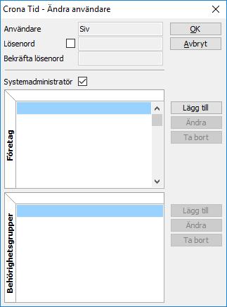 Çrona Tid Komma igång Systemadministratör Systemadministratören har tillgång till alla rättigheter för hela produkten, för alla företag och anställda i installationen.
