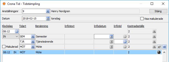Arbetsgång Çrona Tid Möjlighet finns att lägga in tre tidarter på en och samma stämpling, en närvaro och två frånvaro tidarter. Det kan t.