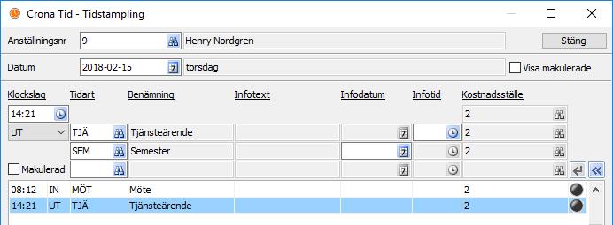 För att lägga in detta i programmet lägger du in tidpunkten som du kommer in. I första tidartsrutan lägger du in tidarten Semester, in nästa ruta Tjänsteärende och i den sista rutan lägger du in Möte.