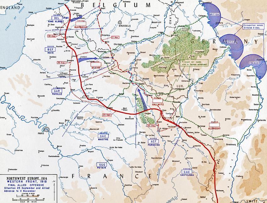 Karta över de tyska offensiverna på västfronten under den första