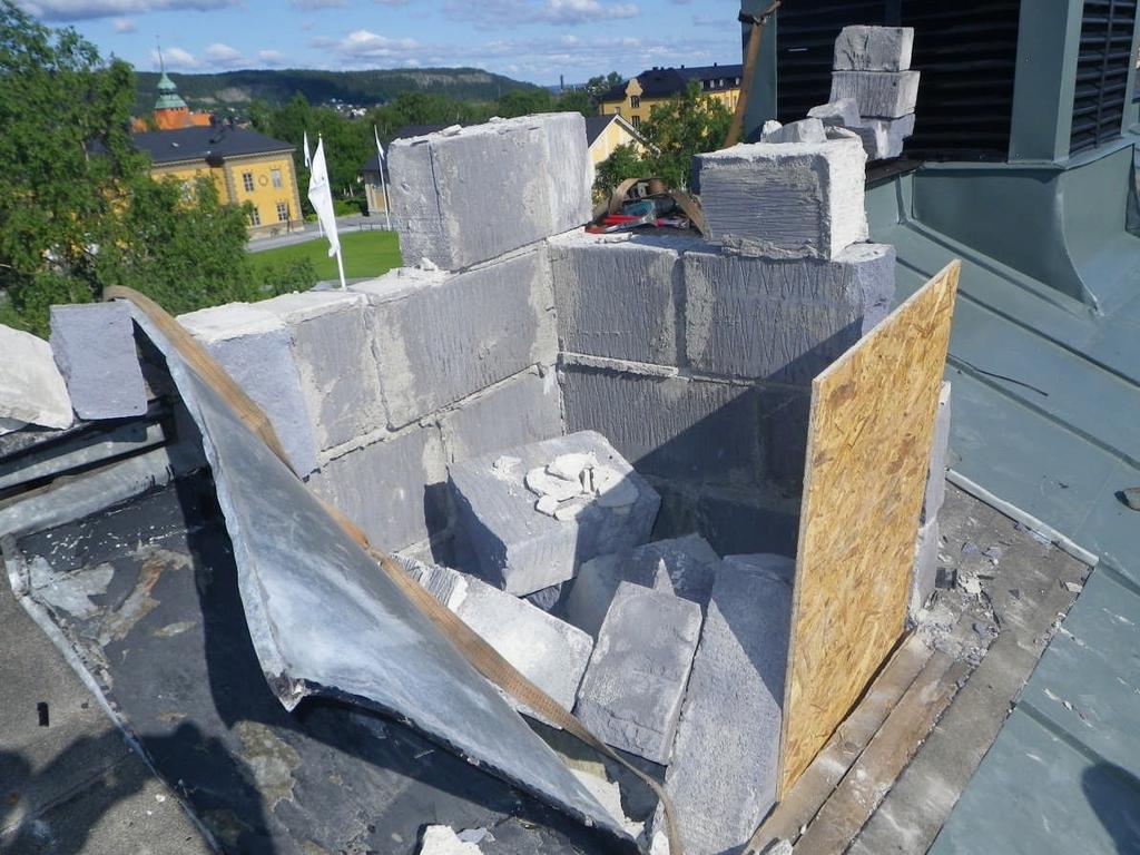 Skorsten ej i bruk, troligen från 50-talet. Den var i dåligt skick och fick rivas Foto: Rogers plåtslageri Läggning av ny plåt Plåten man valt att använda heter Rukki, med beläggningssystem Kultur.