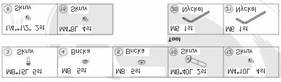 Monteringsanvisning 1. Platta 2. Stag 3. Skruv 4. Fjäder bricka 5. Bricka 6. Handtag, vänster 7. Handtag, höger 8. Skruv 9. Display stag 10. Skruv 11. Display 12.