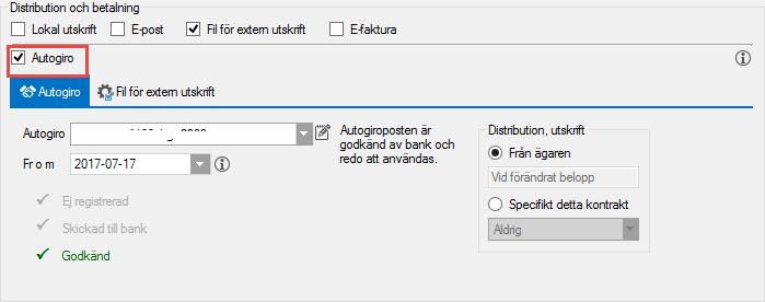 BETALNING OCH DISTRIBUTION Om kontraktet ska ha någon form av anstånd, inkassospärr eller undantag för dröjsmålsränta bockar du för detta och sätter vilken tid som gäller.