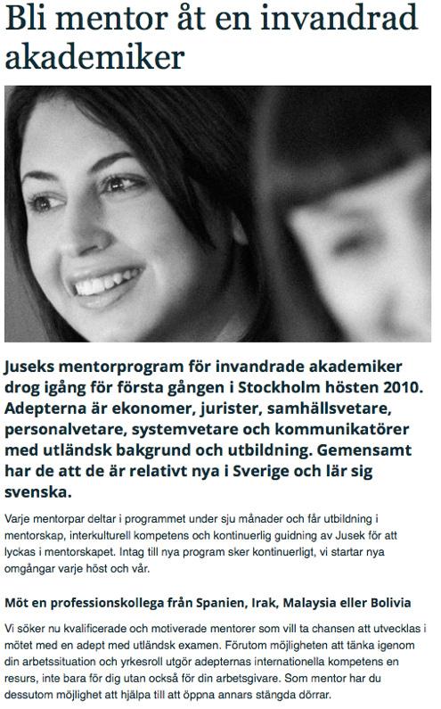 Webbsida med annons och information för potentiella mentorer till Juseks