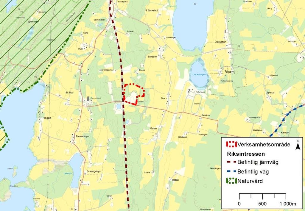 Området Kroppefjäll med Teåkersälven och Stora Halängen, nordväst om täkten, utgör riksintresse för naturvården. Figur 6.3 Utpekade riksintressen i verksamhetens närområde. ( Lantmäteriet) 6.