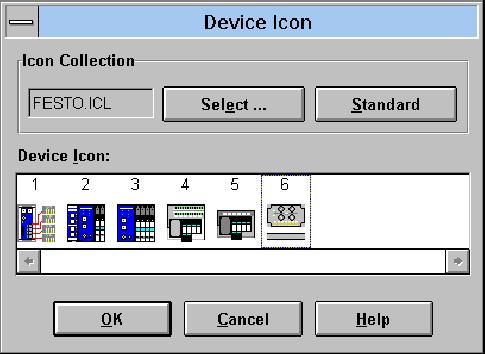 2. Idrifttagning Nu visas följande dialogruta: Bild 2/4: Dialogrutan Device Icon för val av ikon Gå till väga på följande sätt: Välj filen Festo.