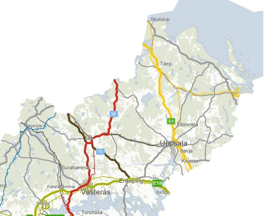 Uppsala län 1. Järnväg Ostkustbanan Ostkustbanan, fyrspår (Uppsala länsgränsen Uppsala/Stockholm) 2.
