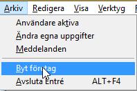 Uppdateringsassistenten ska utföras för varje företag i Entré. Logga in och genomför uppdateringsassistenten för VARJE företag i Entré för sig. Byt enligt nedan.