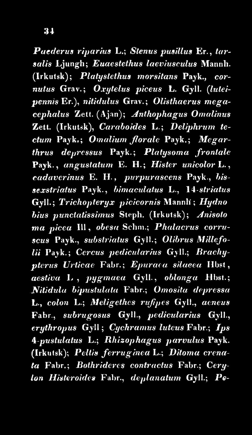 ; Cereus pedicularius Gyll.; Rrachypterus Urticae Fabr.; Epuraea silacea Hbst, aestiva L, pygm aea Gyll., oblonga Hbst.; JVitidula bipustulata Fabr.; Omosita depressa L., colon L.