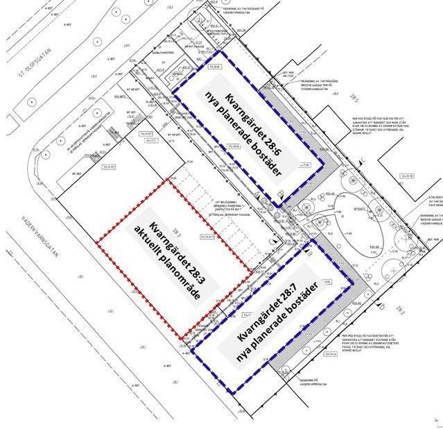 Planerade byggprojekt längs Väderkvarnsgatan På fastigheterna Kvarngärdet 28:7 och Kvarngärdet 28:6, som ligger i direkt anslutning till planområdet, planeras två nya flerbostadshus.