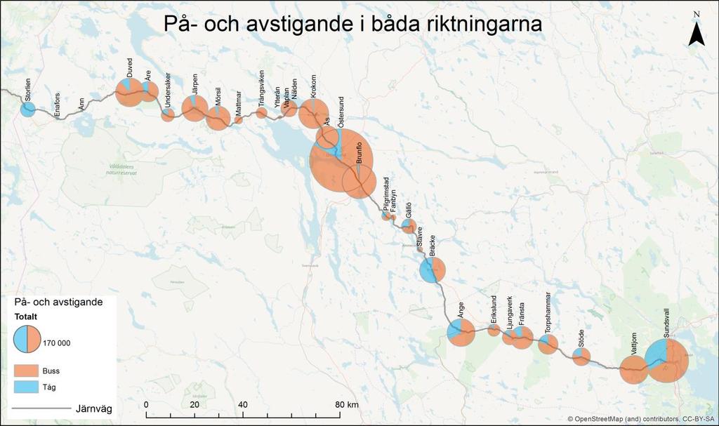 14 Figur 2-14 Kollektivresandet per ort fördelat på buss och tåg. Orter med enbart röd sektor saknar i nuläget tåguppehåll.