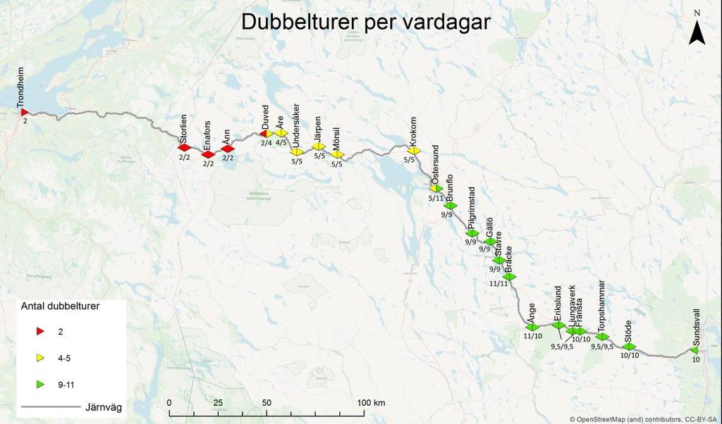 17 Det regionala tågtrafikutbud (m-f) i Mittstråket framgår av nedanstående karta. Figur 2-15 Turutbudet med tåg (regionala tåg + fjärrtåg) på olika delsträckor.