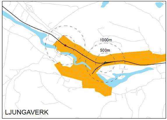 24 Figur 3-3 Vattjom med nuvarande mötesstation i väster och föreslaget nytt stationsläge mitt för Matfors i öster. Matfors samhälle ligger i nedre delen av kartan.