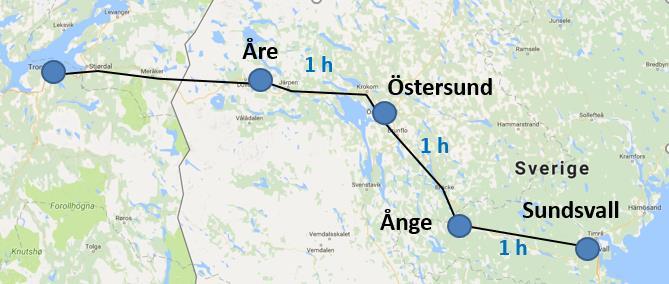 35 4. Inriktning för trafikeringen 4.1 Målbild Målbilden för Mittstråket är att trafiken ska utformas så att restiden Sundsvall- Ånge-Östersund-Åre ska vara max 1 timme inbördes mellan stationerna.