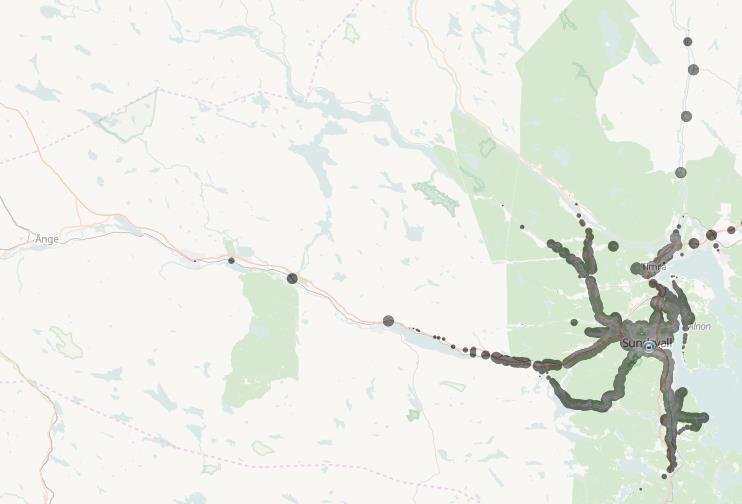 55 Ånge Fränsta Torpshammar Stöde Vattjom/ Matfors Figur 7-5 Kollektivtrafiktäckning inom 60 minuter från Sundsvalls