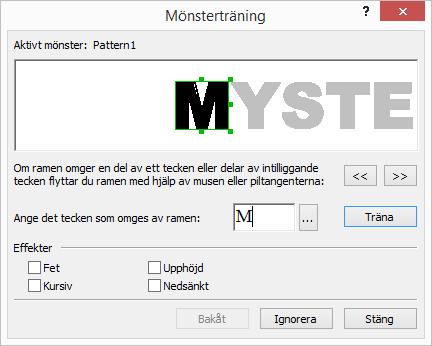 Obs! Om du väljer Använd inbyggda mönster och användarmönster kommer ABBYY FineReader 12 att använda både användarmönstren och de förinställda mönstren för OCR. 3. Klicka på knappen Mönsterredigerare.