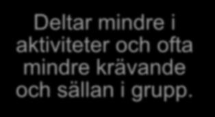 DCD Symptom Aktivitet/ Deltagare nivå Deltar mindre i aktiviteter och ofta mindre krävande och sällan i grupp. Fong SS et al.