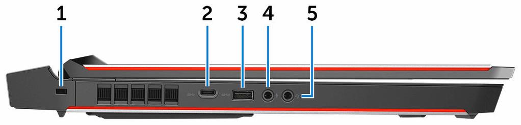 Vänster 1 Säkerhetskabeluttag (för Noble-lås) Här kan en säkerhetskabel anslutas för att förhindra att obehöriga flyttar datorn. 2 USB 3.