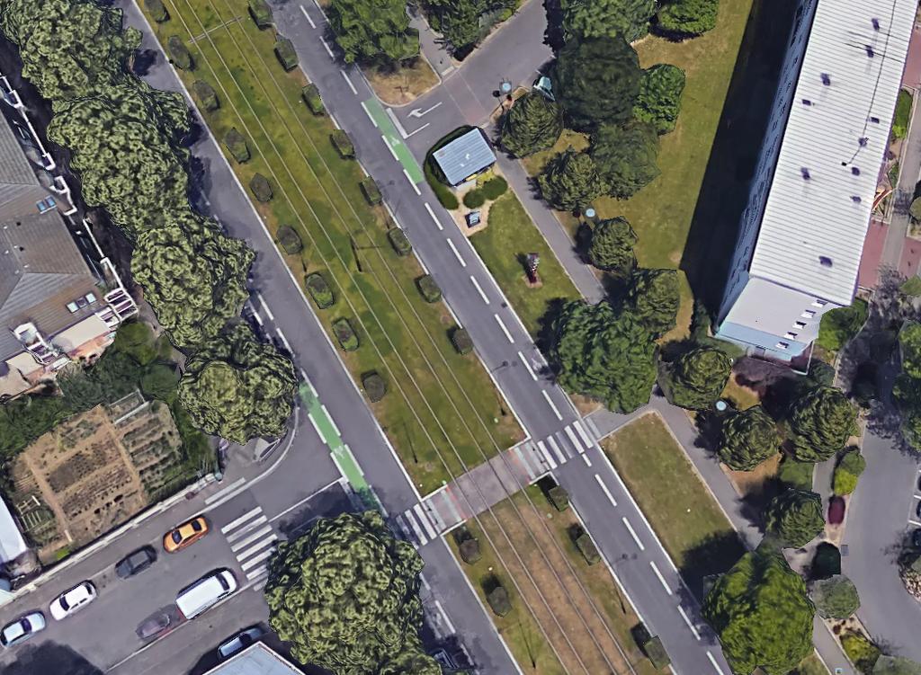 22(53) Figur 8 4.5.3 Från inmynnande vägar är passage över spåren för biltrafiken stängd (endast högersvängar möjliga). Google Earth (Mulhouse, F).