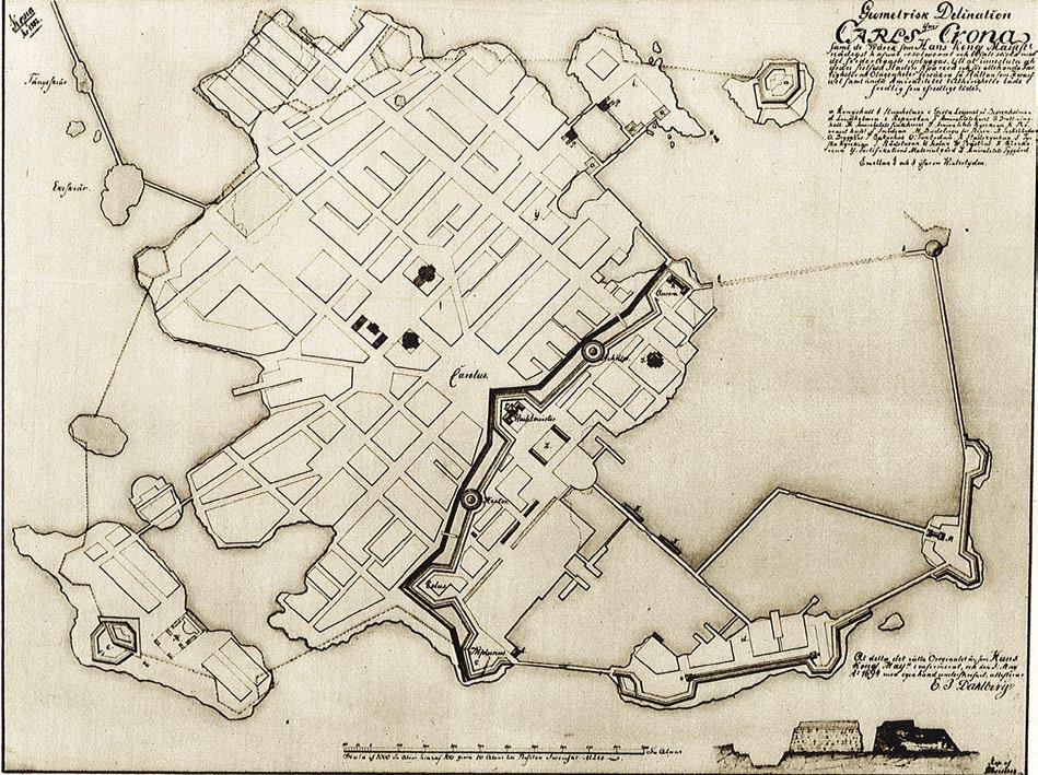 Figur 5. Kartan visar Erik Dahlbergs förslag till örlogsbasens utförande som är från år 1694. Notera att inga vrak finns utritade på denna karta.