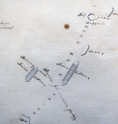 Figur 31. Ett utsnitt av en karta från 1750 visar Blekinge och V1 som två symboler, där man tydligt ser att fartygslämningarna är förbyggda.