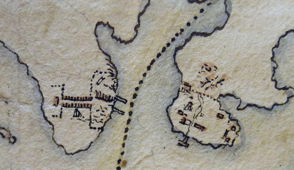 Det första varvet på Vämö t. v. och den första hamnen på Hästö t. h. Detalj av karta som visar skärgården i Blekinge med den planerade staden Karlskrona. Magnus Stuart 1680 81.