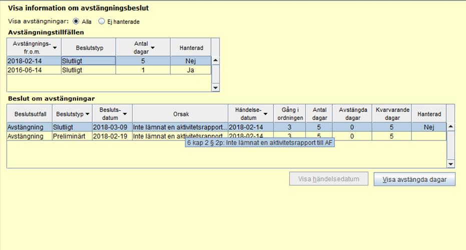 Vägledning 2004:5 Version 14 159 (177) För att se avstängningsorsaken håller du muspekaren över aviseringen, då visas den bestämmelse i FEA som ligger till grund för avstängningen.