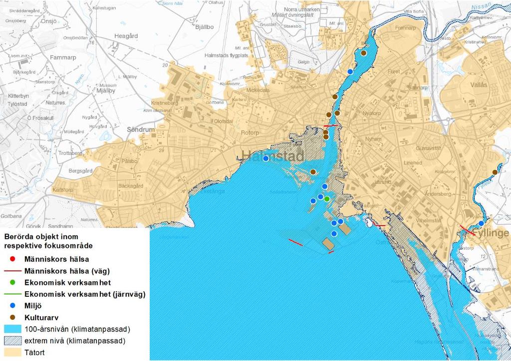 43 4.1.6 Halmstad Halmstad har identifierats utifrån översvämningsrisk från havet. Inom området som berörs av 100-årsnivån för havet finns 515 boende och 1 178 anställda.