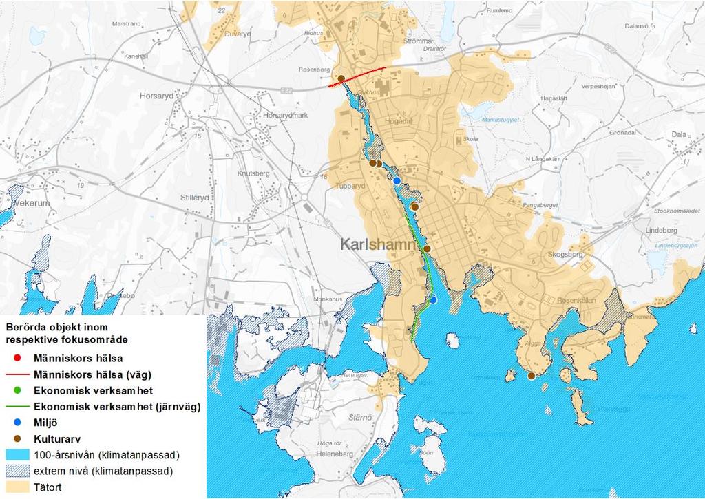 48 4.1.11 Karlshamn Karlshamn har identifierats utifrån översvämningsrisk från havet. Inom området som berörs av 100-årsnivån för havet finns 134 boende och 193 anställda.
